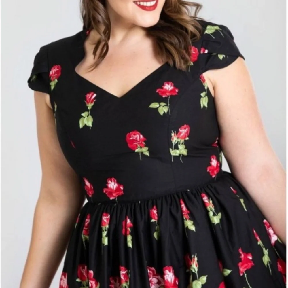 Hell Bunny Antonia Mid Dress Rose Print Floral Fit Flare Retro Pinup Rockabilly - Picture 5 of 16